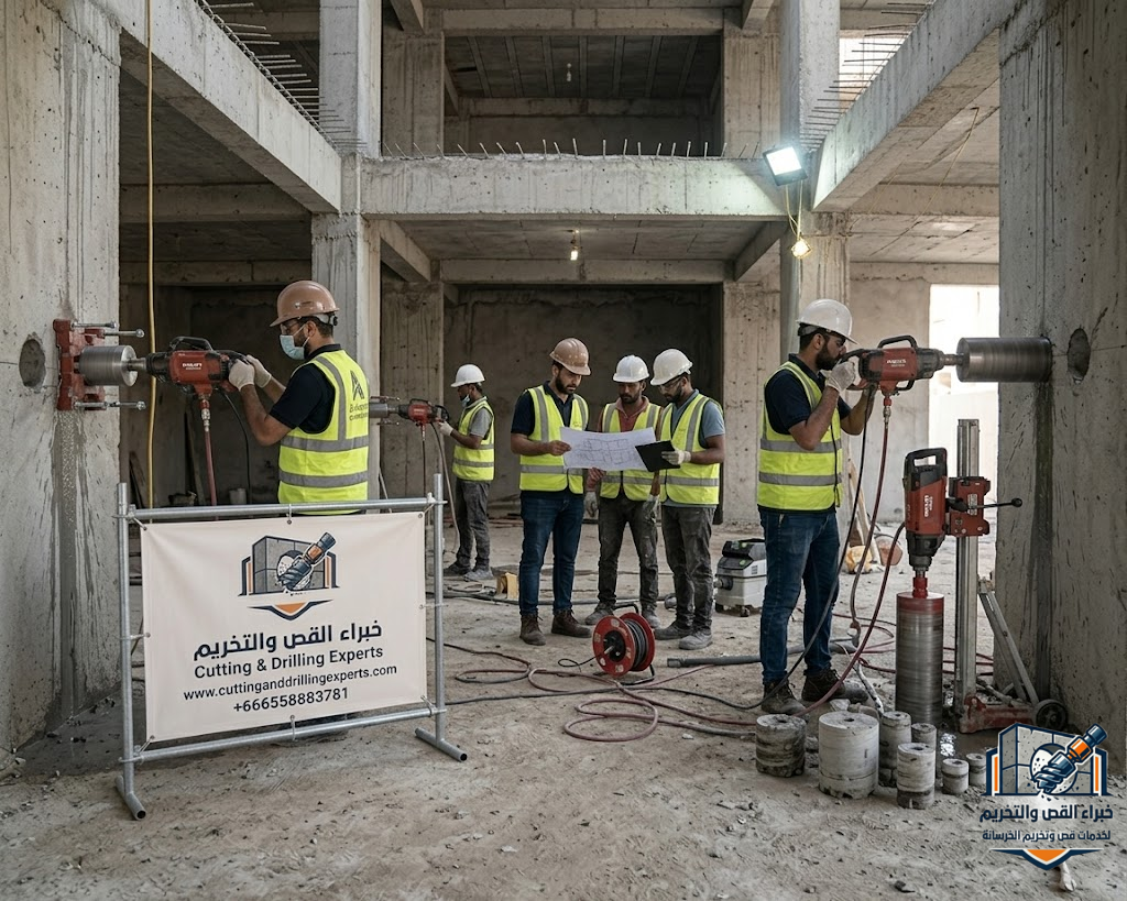 تخريم خرسانة حي أم السلم بجدة باستخدام أجهزة الكور الماسي لعمل فتحات دقيقة للمواسير والكهرباء والسباكة بدون تكسير عشوائي